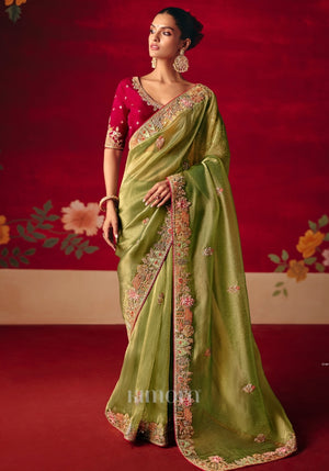 Naari Wedding perfect Tissue silk heavy border saree In Olive Green