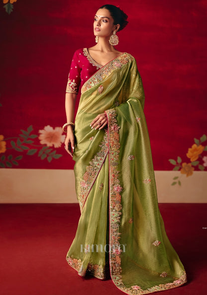 Naari Wedding perfect Tissue silk heavy border saree In Olive Green