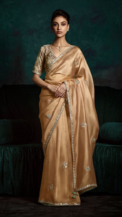 Orange Organza Silk Saree with Unstitched Floral Printed Silk Blouse Fabric