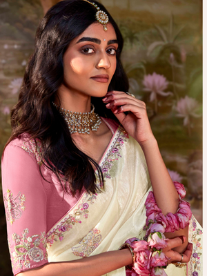 White Tissue Silk Saree with Pink Blouse