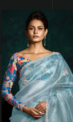 SKY BLUE DESIGNER ORGANZA SAREE  – A BLUSH OF ELEGANCE