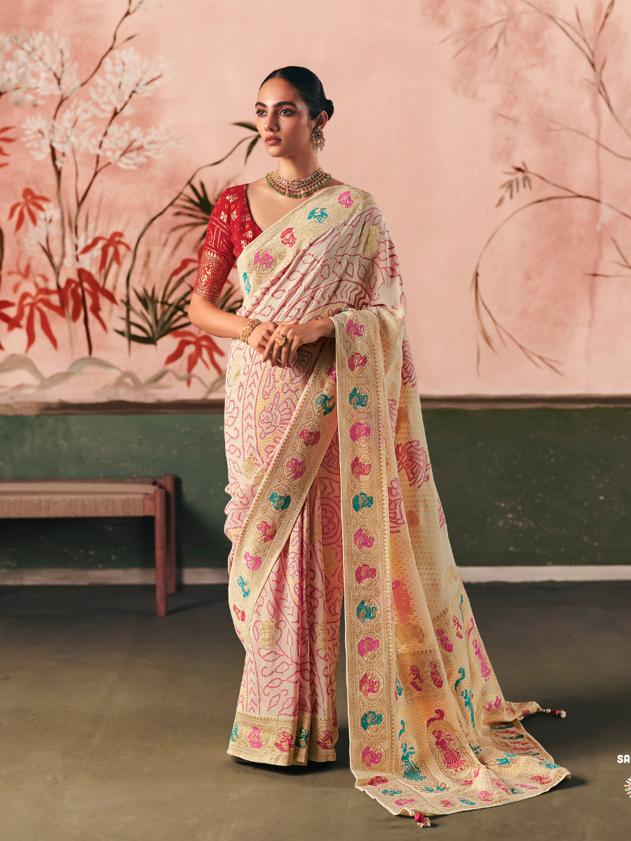 MorRang Khaddi Georgette Bandhej Saree In Ivory