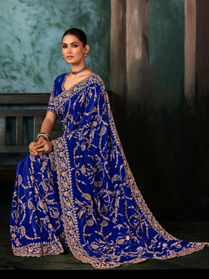 Royal Blue Embroidered Fancy Saree with Matching Blouse