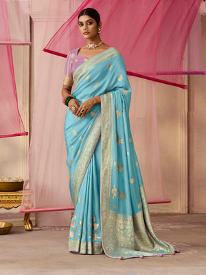 Sky Blue Weaving Silk Saree With Lavender Blouse