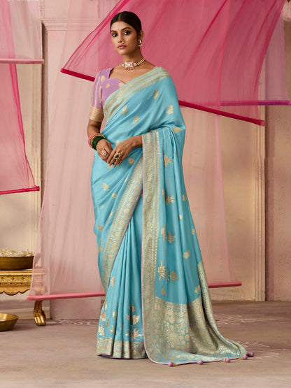 Sky Blue Weaving Silk Saree With Lavender Blouse