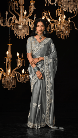 GRACEFUL GREY KANJIVARAM SILK SAREE WITH INTRICATE SILVER EMBROIDERY - Kimora.in