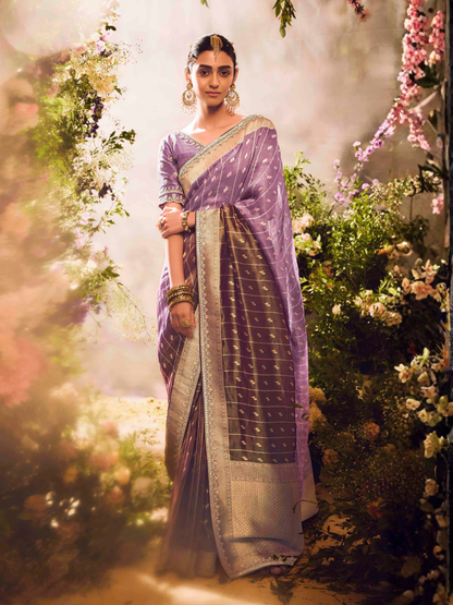 Lavender Silk Saree with Golden Zari Work