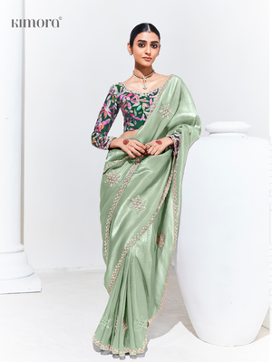Soft Green Silk Saree With Floral Printed Blouse