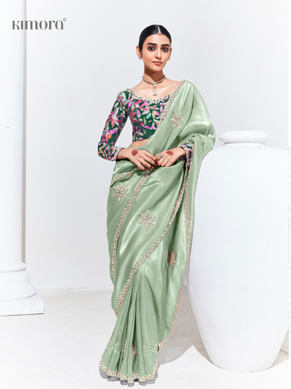Soft Green Silk Saree With Floral Printed Blouse