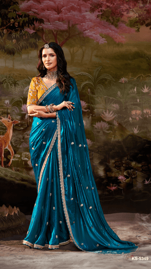 THE PEACOCK BLUE TISSUE SILK SAREE - Kimora.in