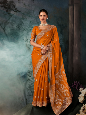 Orange Fancy Silk Saree with Silver Thread Work and Embroidered Blouse