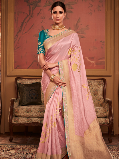 Pastel Pink Silk Saree With Golden Border and Embroidery Blouse