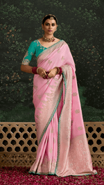 PINK BANARASI DOLA SILK SAREE WITH GOLDEN ZARI WORK - Kimora.in