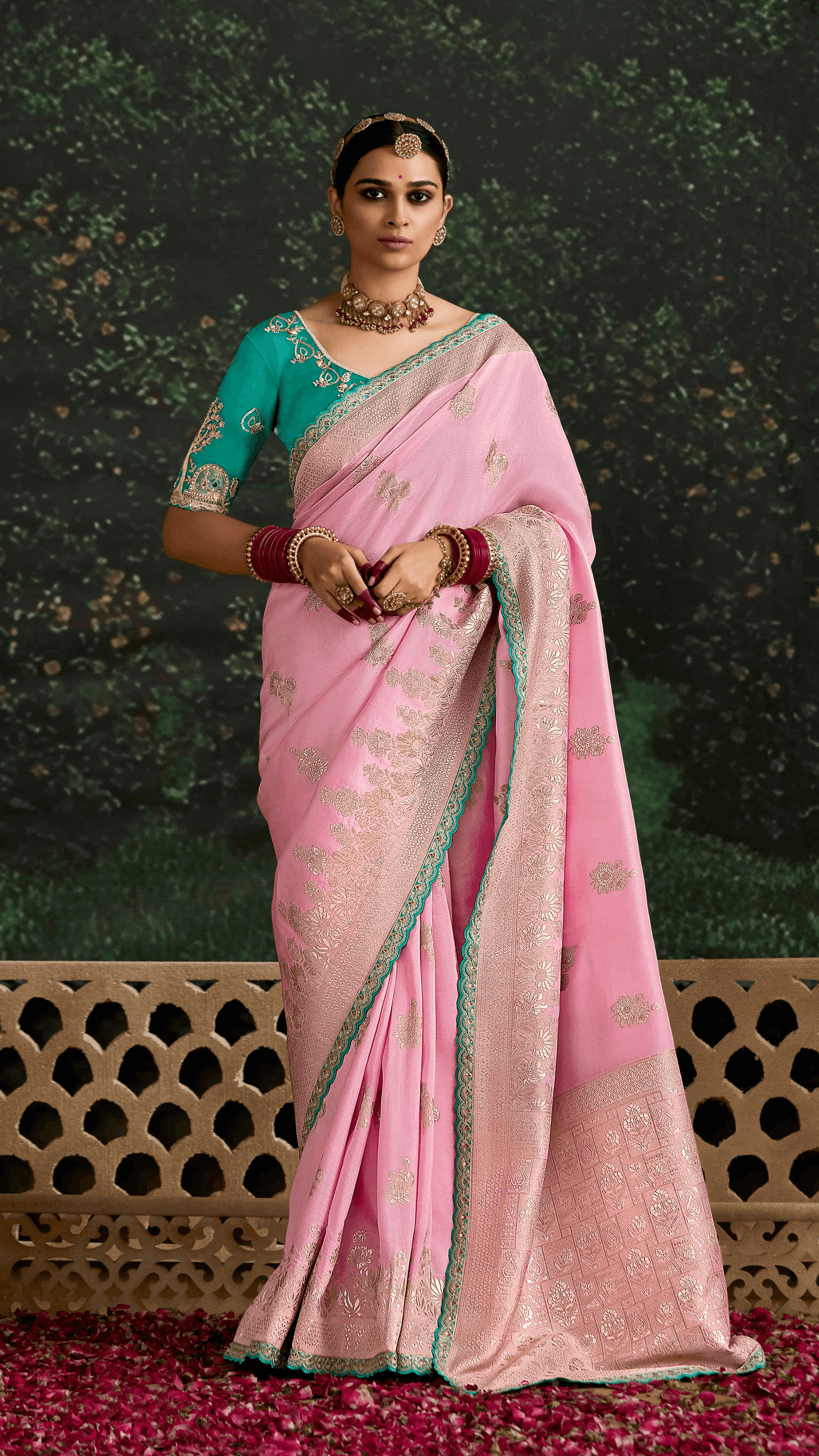 PINK BANARASI DOLA SILK SAREE WITH GOLDEN ZARI WORK - Kimora.in