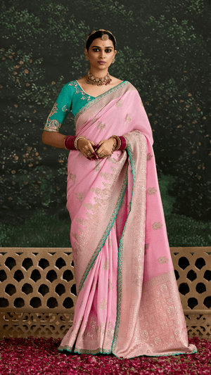 PINK BANARASI DOLA SILK SAREE WITH GOLDEN ZARI WORK - Kimora.in
