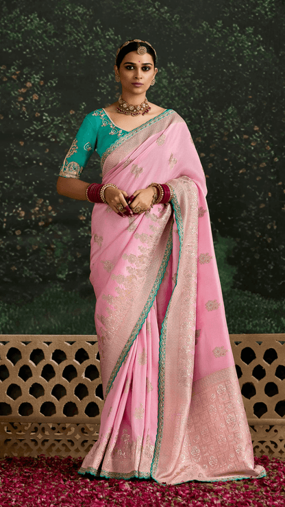 PINK BANARASI DOLA SILK SAREE WITH GOLDEN ZARI WORK - Kimora.in