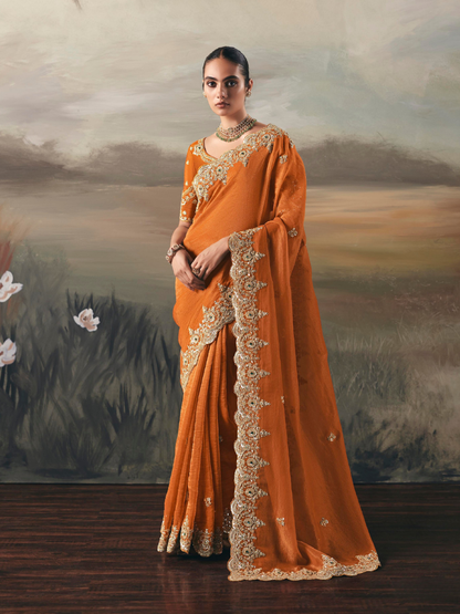 Orange Art Silk Saree with Embroidered Border
