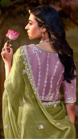 LIGHT GREEN TISSUE SILK SAREE - Kimora.in