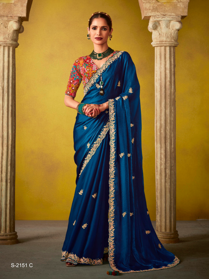 Royal Blue Tissue Silk Saree with Embroidered Border and Contrast Floral Blouse