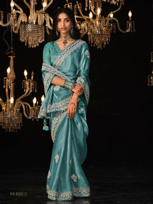 Teal Silk Saree With Heavy Border and Blouse