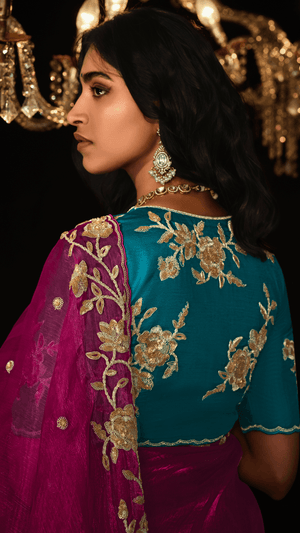 REGAL RED HAND-EMBROIDERED SAREE WITH TEAL BLOUSE - Kimora.in