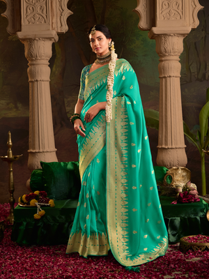 Teal Green Pure Silk Saree With Rich Golden Border & Designer Weaving Blouse