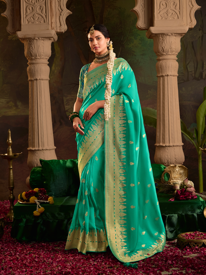 Teal Green Pure Silk Saree With Rich Golden Border & Designer Weaving Blouse