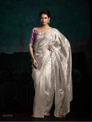 Silver Organza Saree with Purple Printed Blouse and Lace Border