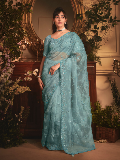 Sky Blue Fancy Fabric Saree with Floral Embroidery