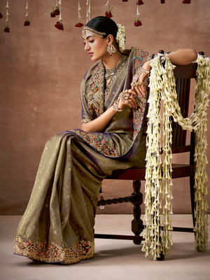 Royal Aubergine Kanjivaram Silk Saree with Smoky Taupe Blouse