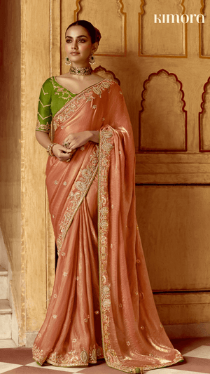 PEACH DESIGNER TISSUE SILK SAREE WITH GREEN BLOUSE - Kimora.in