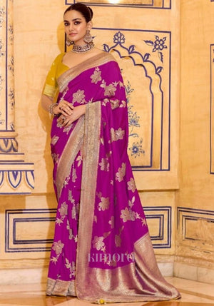 Sunehri Silk Banarasi Saree In Rani Pink