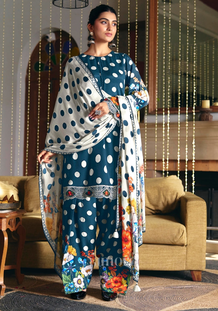 Kimora's Pure Muslin Digital Printed Teal Rakhi Special Suit