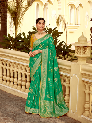 Teal Color Saree with Yellow Embroidered Blouse