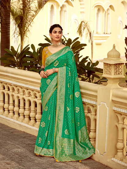 Teal Color Saree with Yellow Embroidered Blouse