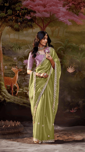 LIGHT GREEN TISSUE SILK SAREE - Kimora.in