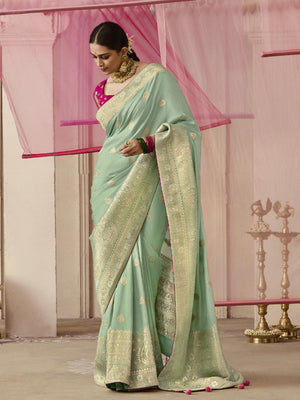 Sea Green Dola Silk Saree with Red Golden Embroidered Blouse