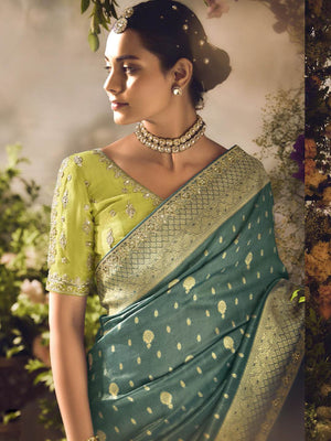 TEAL BLUE BANARASI ZARI TISSUE SAREE – A DREAMY DRAPE BY KIMORA - Kimora.in
