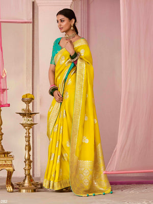 Marigold Yellow Weaving Silk Saree with Teal Blouse