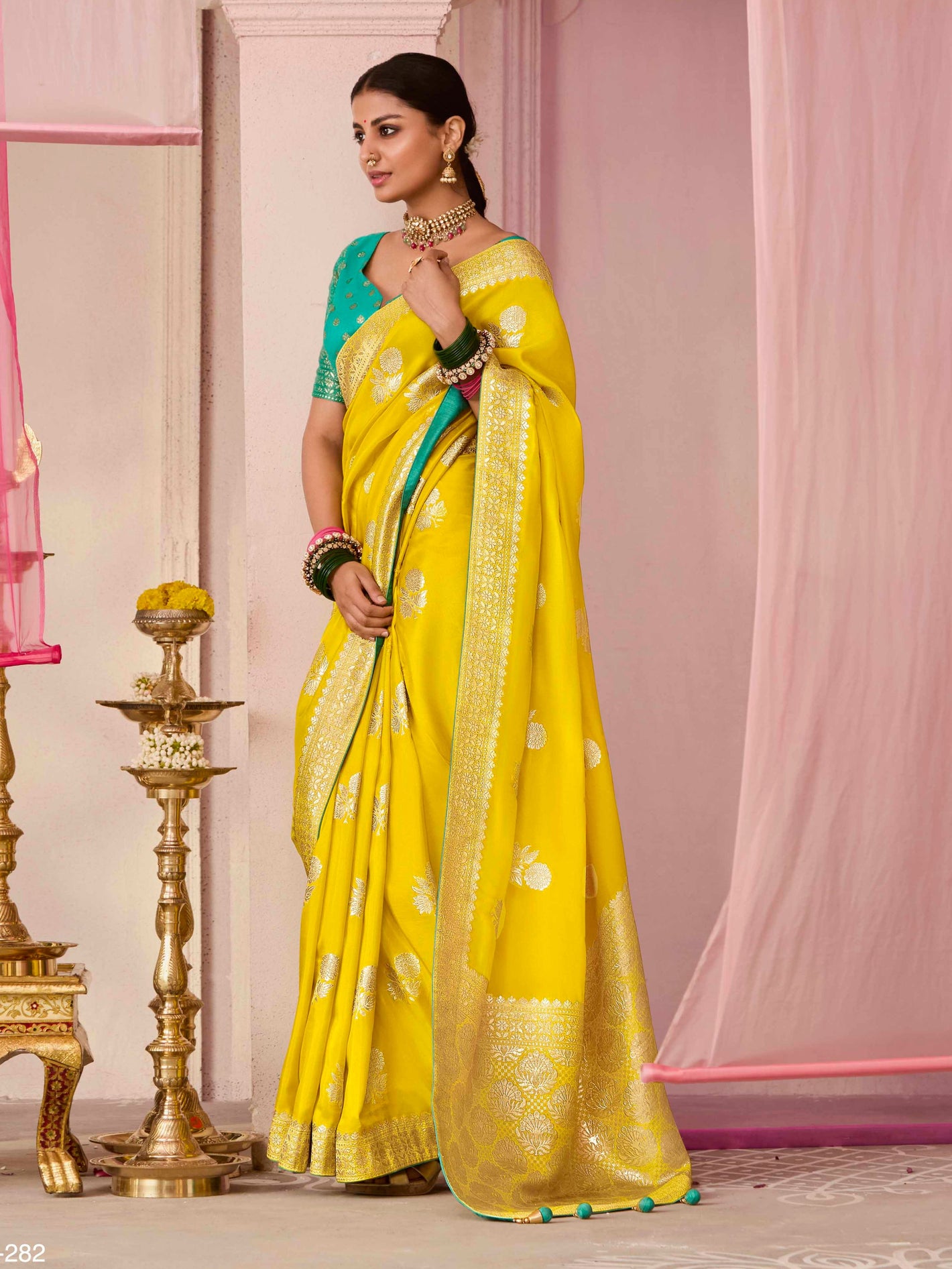 Peet Vana Dola Silk Saree In mustard yellow