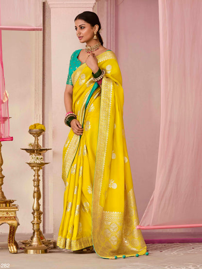 Marigold Yellow Weaving Silk Saree with Teal Blouse