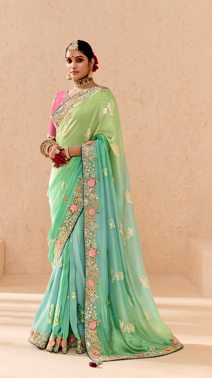 Shaded Green & Aqua Tussar Silk Saree