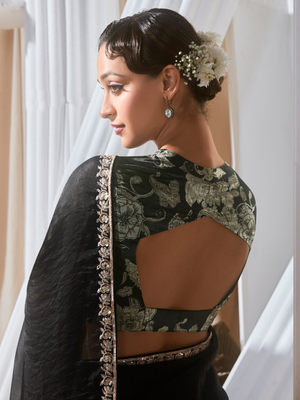 Black Organza Saree with Multi Sequins Work & Black Floral Print Blouse – Kimora