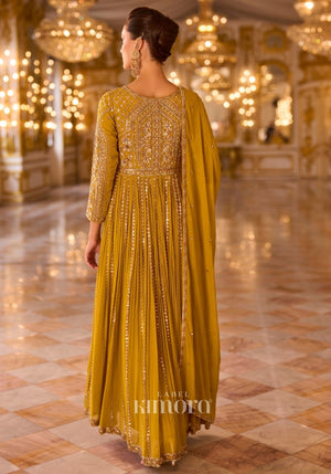 Mughal georgette Musturd Yellow Floor Suit By Label Kimora