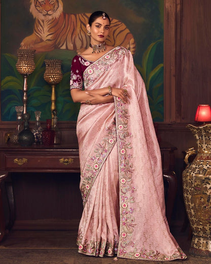 Rose Pink Silk Saree with Hand Embroidery & Contrast Blouse