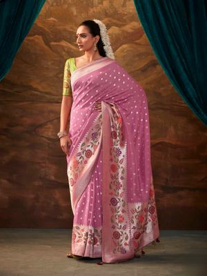 Light Pink Banarasi Silk Saree with Colorful Floral Weaving