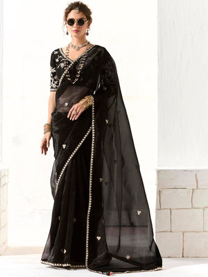Royal Black Organza Saree with Black Embroidered Blouse – A Symphony of Power and Grace  Meta Description: