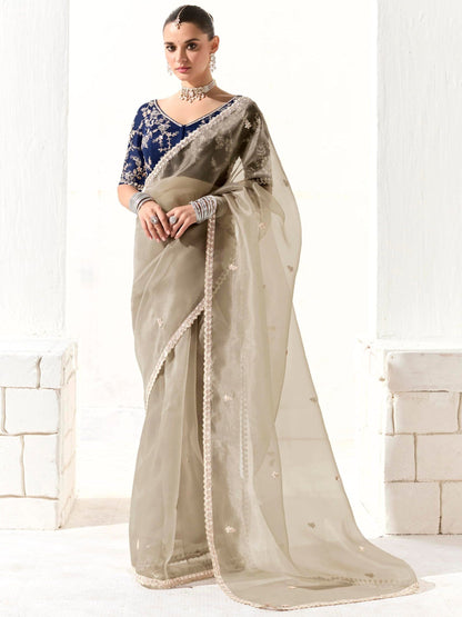 Royal Grey Saree with Blue Blouse – Where Elegance Meets Fresh Charm