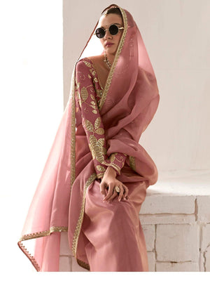 Royal Pink Premium Organza Saree with Golden Sequin Blouse
