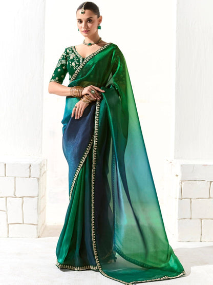 Peacock-Inspired Green &amp; Blue Tissue Silk Organza Saree with Embroidered Blouse